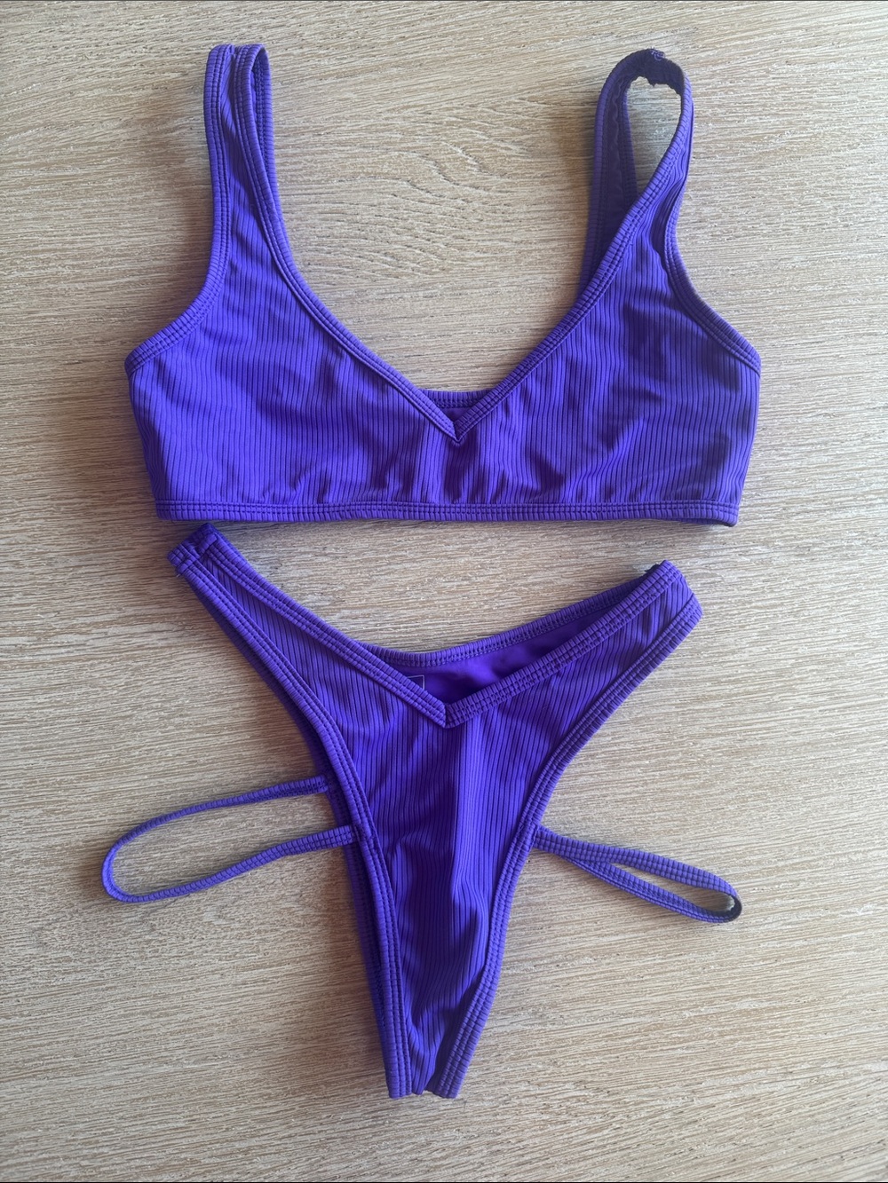 Oh Polly Purple Ribbed V-Neck Bikini Set